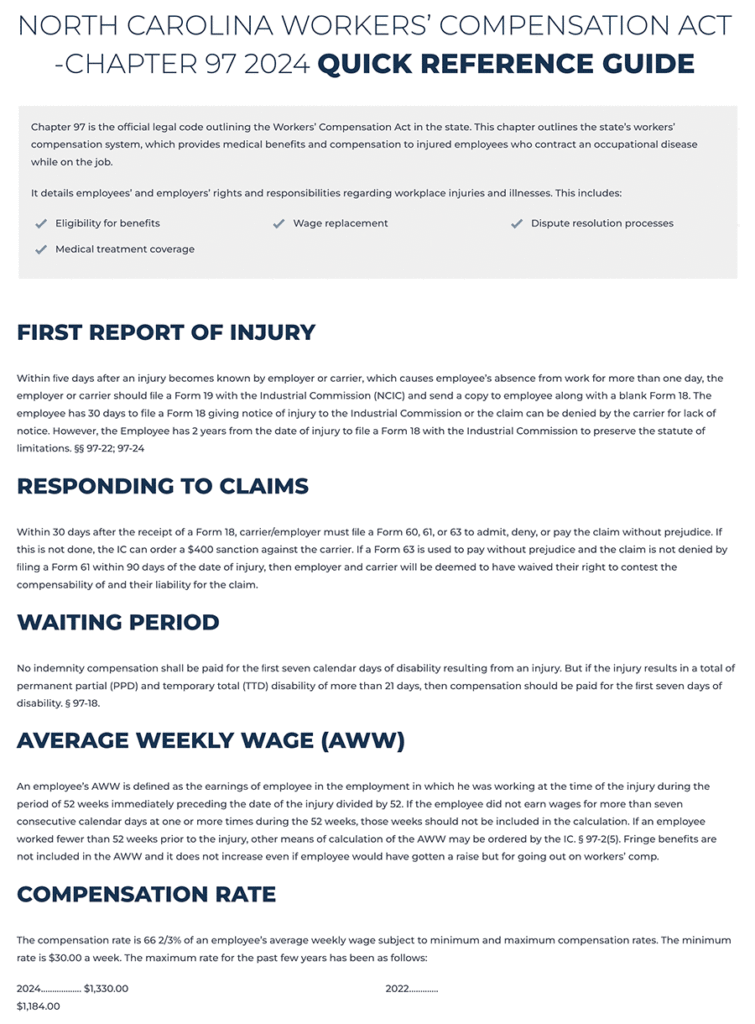 North Carolina Workers’ Compensation Act -Chapter 97 2024 Quick Reference Guide screenshot